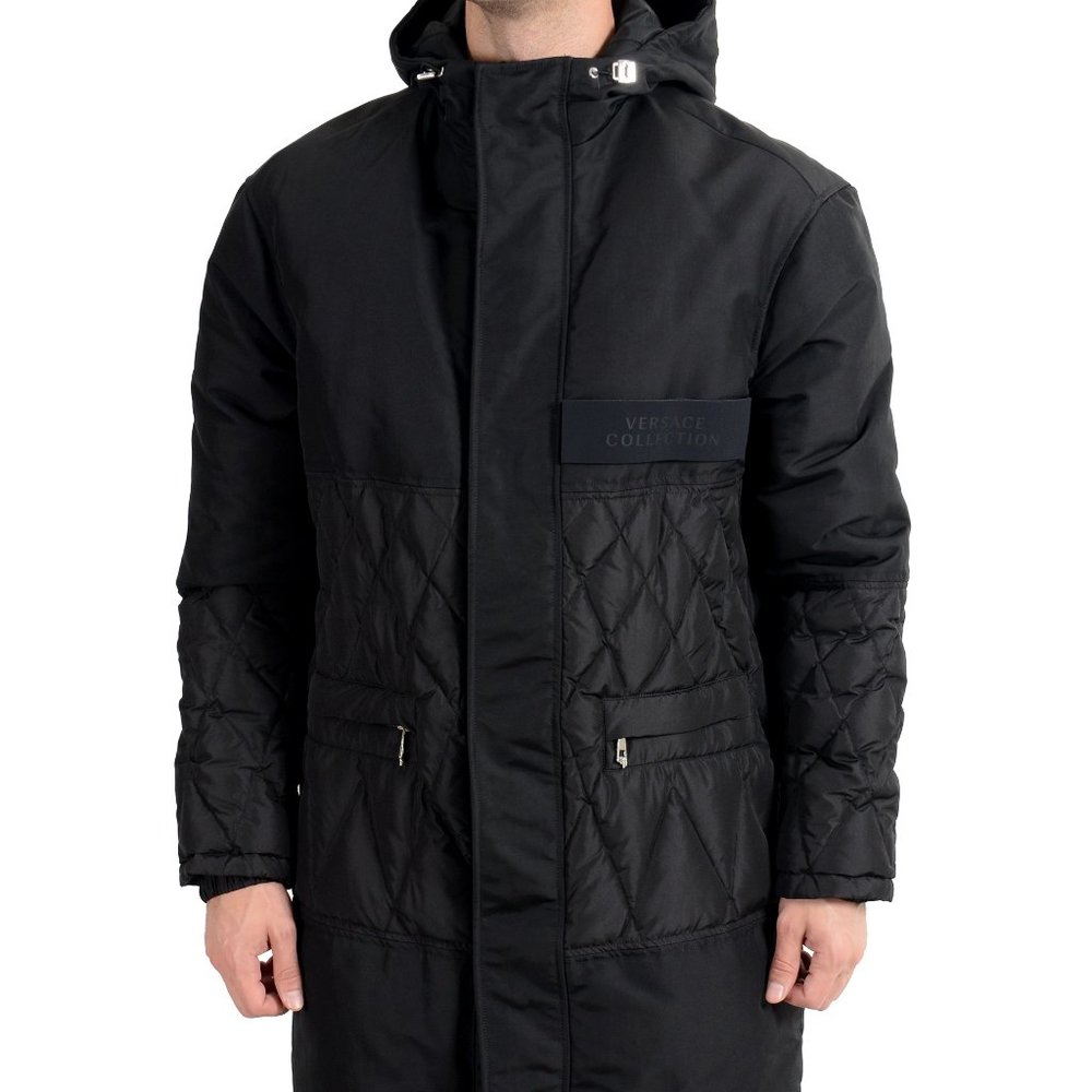 Versace Collection Black Down Full Zip Hooded Coat